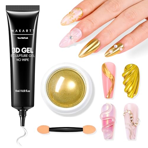 Makartt 3D Gel Nail Art with Gold Chrome Nail Powder Kit Clear Molding Gel for Nail Art 15g Sculpting Glue Polish and Metallic Effect Mirror Powder Set for Nail Decoration Manicure Charms - Image 1