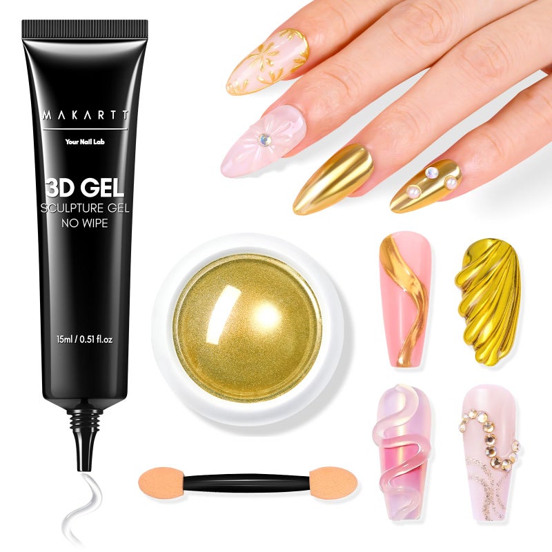 Makartt 3D Gel Nail Art with Gold Chrome Nail Powder Kit Clear Molding Gel for Nail Art 15g Sculpting Glue Polish and Metallic Effect Mirror Powder Set for Nail Decoration Manicure Charms - Image 3