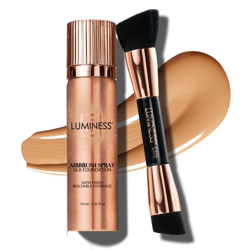 LUMINESS Silk Airbrush Spray Foundation & Buffing Brush Kit â€“ Full Coverage Foundation & Dual-Sided Buffing Brush - Buildable Coverage, Anti-Aging Formula Hydrates & Moisturizes (Shade - Medium) - Image 1
