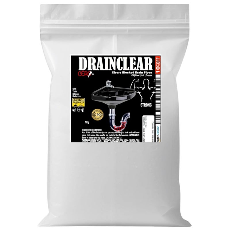 CERO ® Drainclear 1.45% WW (Dry Powder) To Clear Clogged Drains, Sinks And Pipes (1Kg) - Image 3