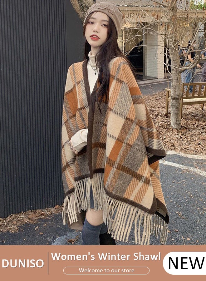 DUNISO Women's Vintage Winter Shawl, Traditional Lady Shawl, Tassel Scarf Retro Imitation Cashmere Shawl, Wrap Open Front Poncho Cape, Warm Scarf Wraps for Evening Dressing Blanket, Shawl Cape Outerwear for Autumn and Winter - Image 1