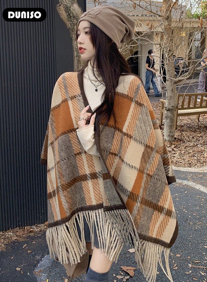 DUNISO Women's Vintage Winter Shawl, Traditional Lady Shawl, Tassel Scarf Retro Imitation Cashmere Shawl, Wrap Open Front Poncho Cape, Warm Scarf Wraps for Evening Dressing Blanket, Shawl Cape Outerwear for Autumn and Winter  - Image 3