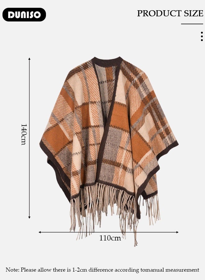 DUNISO Women's Vintage Winter Shawl, Traditional Lady Shawl, Tassel Scarf Retro Imitation Cashmere Shawl, Wrap Open Front Poncho Cape, Warm Scarf Wraps for Evening Dressing Blanket, Shawl Cape Outerwear for Autumn and Winter  - Image 4
