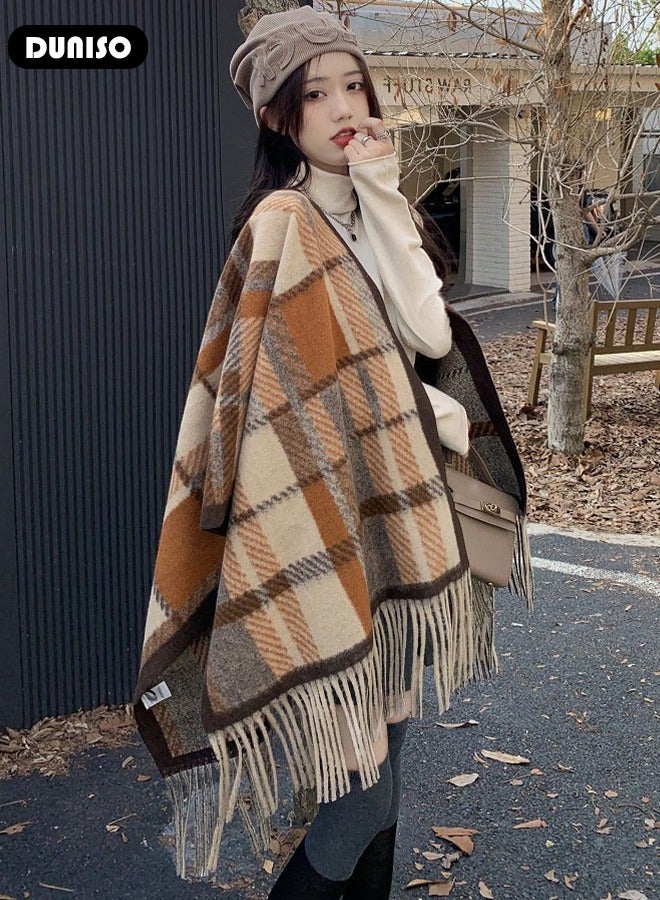 DUNISO Women's Vintage Winter Shawl, Traditional Lady Shawl, Tassel Scarf Retro Imitation Cashmere Shawl, Wrap Open Front Poncho Cape, Warm Scarf Wraps for Evening Dressing Blanket, Shawl Cape Outerwear for Autumn and Winter  - Image 5