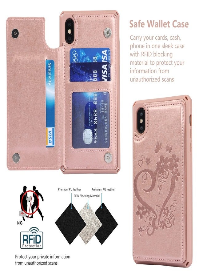 آي كوفر كايس جراب iCoverCase متوافق مع هاتف iPhone Xs Max، جراب محفظة مع حامل بطاقات للنساء، جراب من الجلد الصناعي PU منقوش مانع لتقنية RFID مع حزام معصم، مقاس 6.5 بوصة (لون ذهبي وردي على شكل قلب) - Image 3