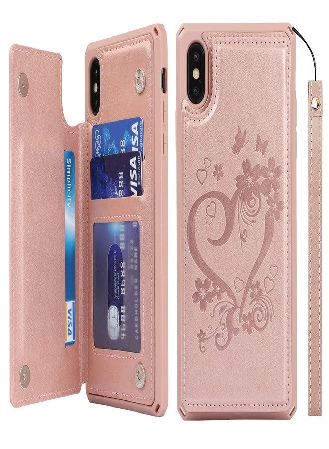 آي كوفر كايس جراب iCoverCase متوافق مع هاتف iPhone Xs Max، جراب محفظة مع حامل بطاقات للنساء، جراب من الجلد الصناعي PU منقوش مانع لتقنية RFID مع حزام معصم، مقاس 6.5 بوصة (لون ذهبي وردي على شكل قلب) - Image 1