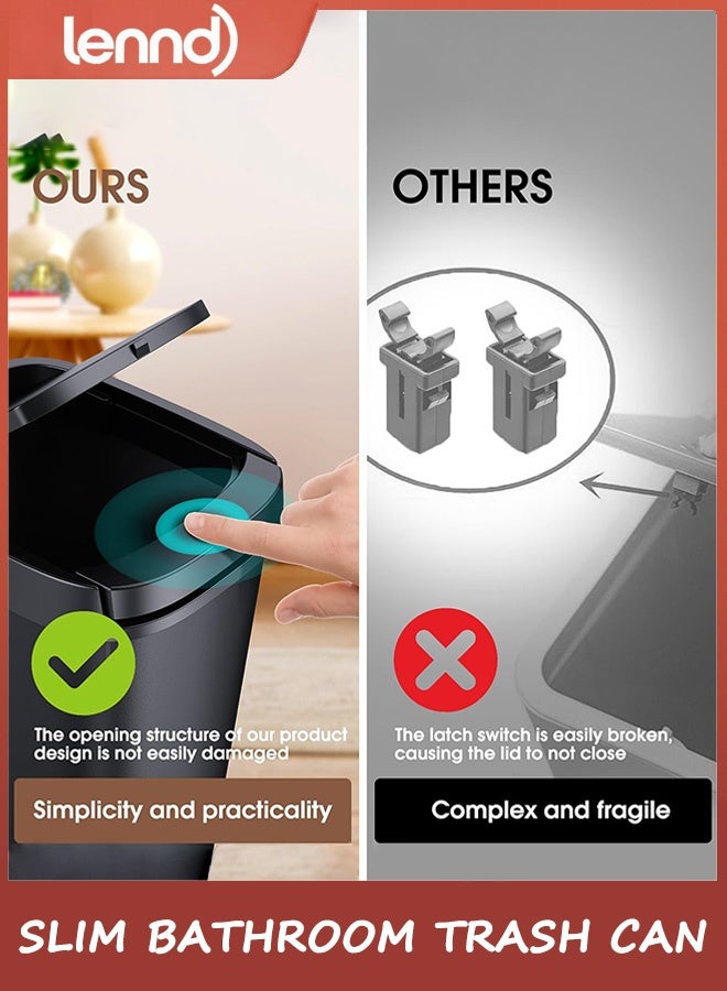 لينند سلة مهملات حمام رفيعة، سلة مهملات بلاستيكية سعة 9 لتر مع غطاء علوي قابل للضغط، غطاء منبثق للمرحاض والمكتب وغرفة النوم (أسود، عبوة واحدة) - Image 3
