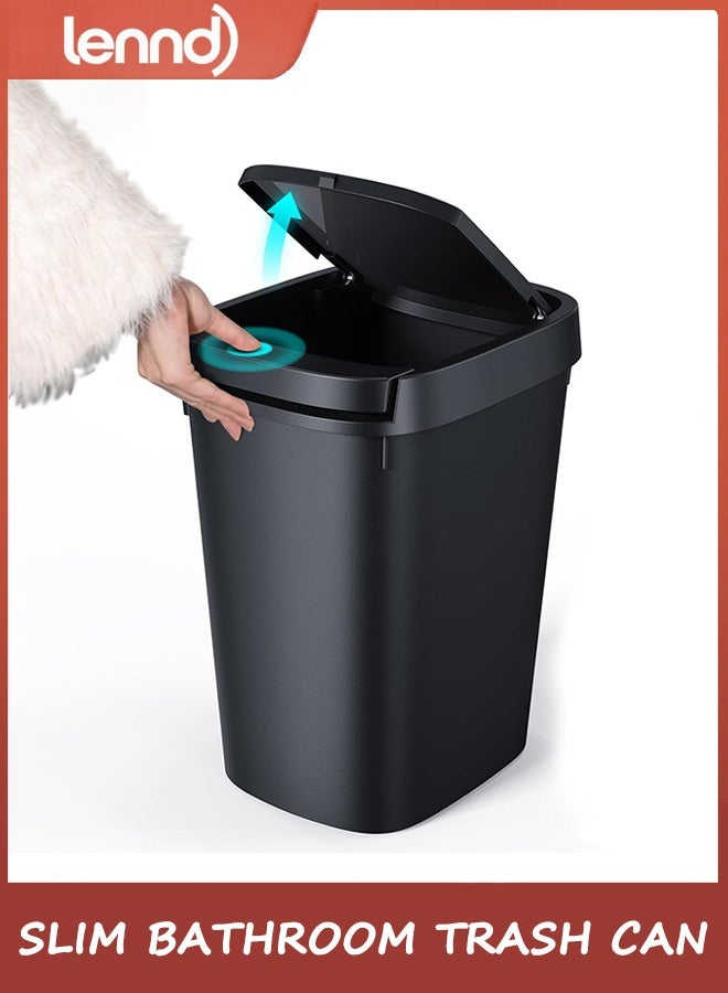 لينند سلة مهملات حمام رفيعة، سلة مهملات بلاستيكية سعة 9 لتر مع غطاء علوي قابل للضغط، غطاء منبثق للمرحاض والمكتب وغرفة النوم (أسود، عبوة واحدة) - Image 1