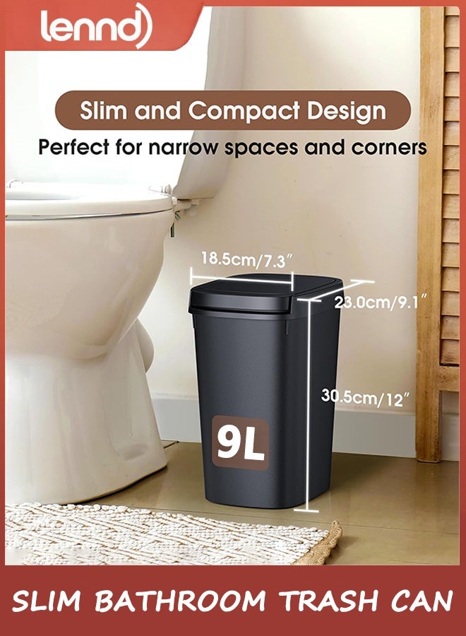 لينند سلة مهملات حمام رفيعة، سلة مهملات بلاستيكية سعة 9 لتر مع غطاء علوي قابل للضغط، غطاء منبثق للمرحاض والمكتب وغرفة النوم (أسود، عبوة واحدة) - Image 2