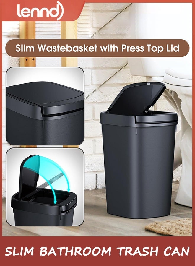لينند سلة مهملات حمام رفيعة، سلة مهملات بلاستيكية سعة 9 لتر مع غطاء علوي قابل للضغط، غطاء منبثق للمرحاض والمكتب وغرفة النوم (أسود، عبوة واحدة) - Image 4