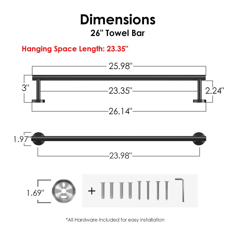 FORIOUS Black Towel Bar for Bathroom Wall, 24 Inch Stainless Steel Towel Racks for Bathroom, Includes Wall Mounting Hardware (Matte Black,Total Length 26-Inch) - Image 2