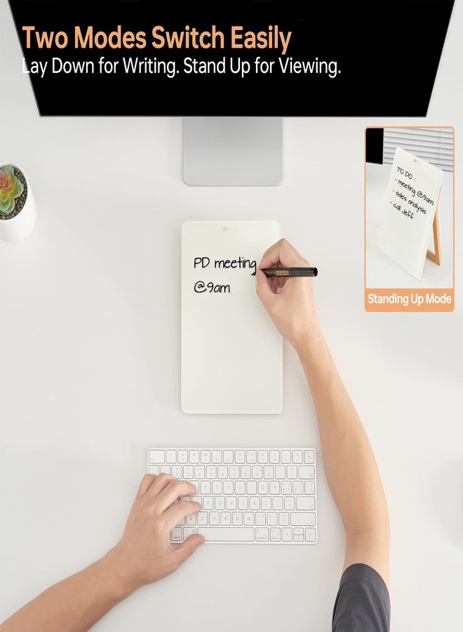 YEOUX Desktop Glass Whiteboard with Reversible Wood Stand, Small White Board, Mini Dry Erase Whiteboard Easel for Desk, Reusable Desk Notepad 9.5"x6.7" for Home, Office, Accessories Included, Yeoux - Image 2