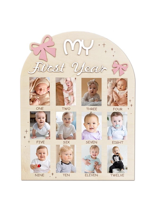 Aukolass Bow One Year of Photo Board, My First Year Photo Photo Board 12 Monthly Milestones Picture Frame for Baby Girl 1st Birthday Decorations (pink) - Image 1