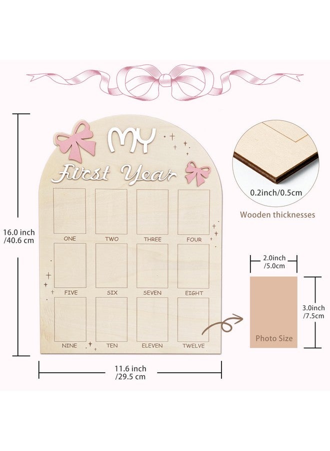 Aukolass Bow One Year of Photo Board, My First Year Photo Photo Board 12 Monthly Milestones Picture Frame for Baby Girl 1st Birthday Decorations (pink) - Image 2