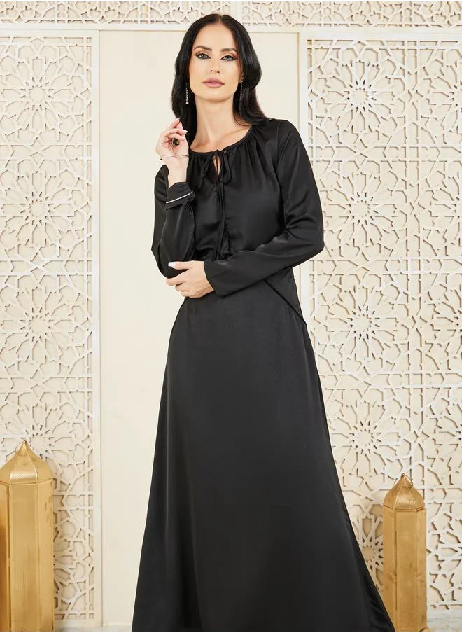 Styli Satin Shiny Lace Trim A-Line Maxi Dress