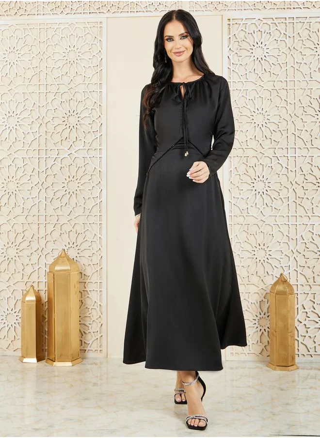 Styli Satin Shiny Lace Trim A-Line Maxi Dress