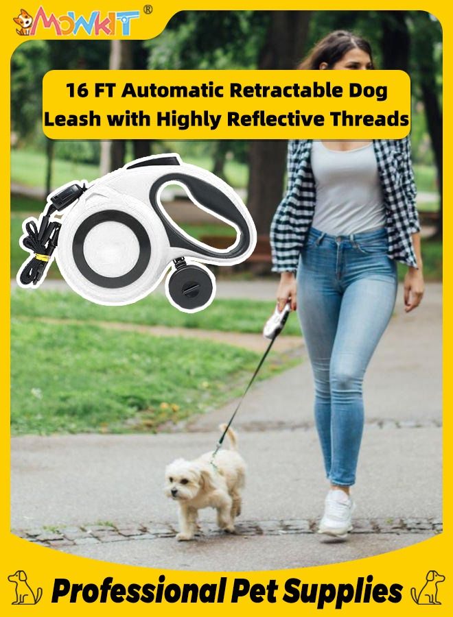 16 FT Automatic Retractable Dog Leash with Highly Reflective Threads, One-button Operation Dog Leash with Dispenser and 1 Pack Trash Bags for Medium and Large Breed Up to 110 LBS White