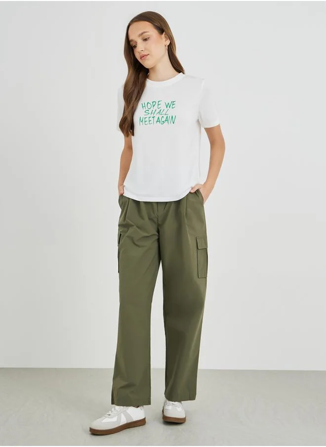تايك تو Take Two Slogan Print Round Neck T-Shirt
