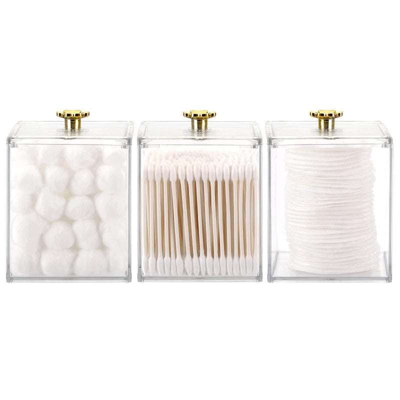 Tecbeauty 3PCS Qtip Holder Bathroom Organizer and Storage Containers Plastic Apothecary Jars Dispenser with Lids for Cotton Swab, Cotton Round Pads, Floss - Image 1