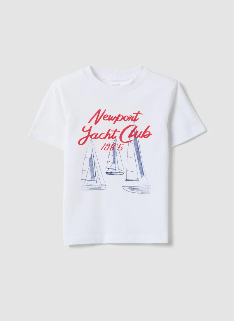 او في اس OVS White Pure Cotton Boysâ€™ T-Shirt With Sailing Print
