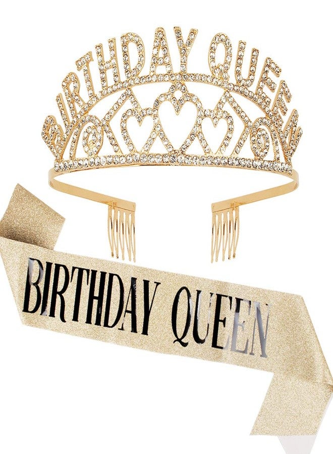 AOPRIE Birthday Tiara for Women Gold Queen Black Sash & Headband Happy Birthday Tiara and Crown for Women Rhinestone Crystal Decor - Image 1