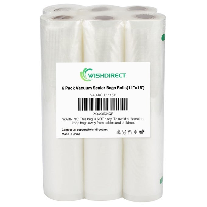 VACUUM SEALER MACHINE BAGS ROLLS 6 ROLLS 11 INCH X 16 FEET FIT INSIDE MACHINE HEAVY DUTY EMBOSSED FOOD STORAGE SAVER BAGS ROLLS COMPATIBLE WITH SOUS VIDE AND FOODSAVER TOTAL 100 FEET