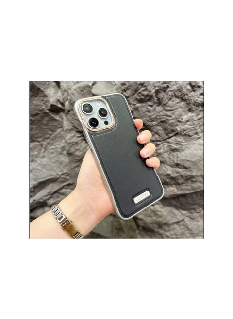 Aviation Aluminum Alloy Leather Case for iPhone 16 Pro Max , Slim Fit Metal Case, Lightweight Top-Grain Leather Phone Case Black