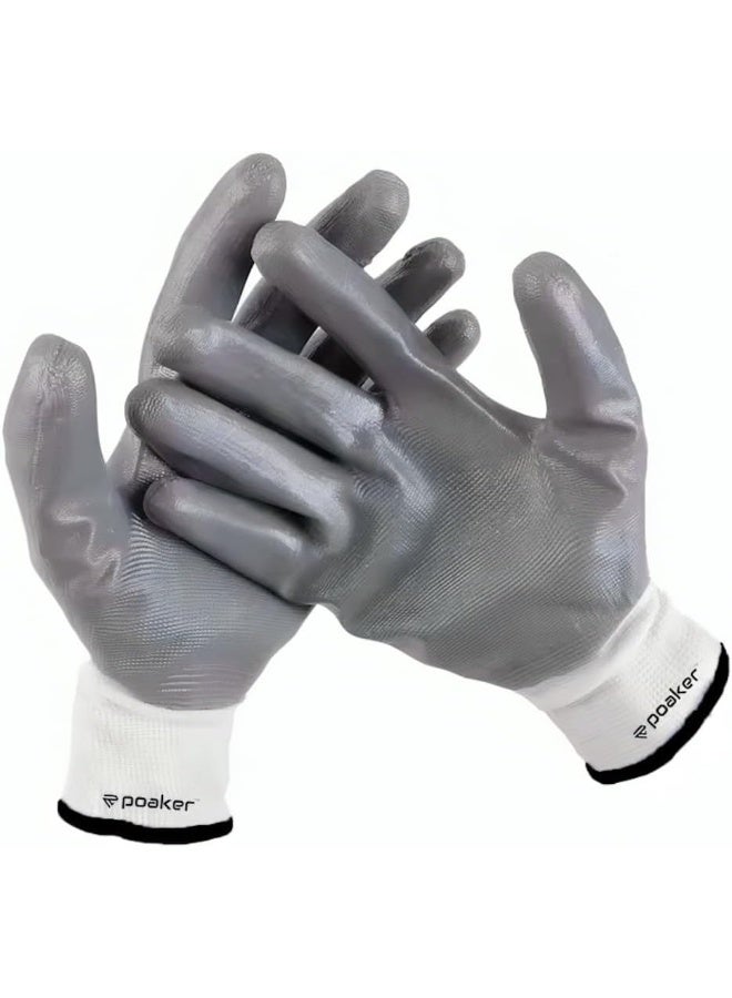 Poaker Nitrile Working Gloves White Gauze With Gray Nitrile Coating Latex-Free For Construction Electrical Gardening And More - Image 1