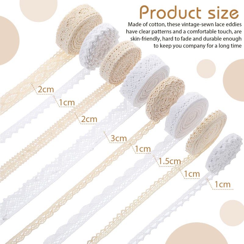 Tatuo 40 Yards Cotton Lace Trim Vintage Ribbon Crochet Cotton Lace Scalloped Edge for Bridal Wedding Decoration Christmas Package DIY Sewing Craft Supply, 5 Yards Each, 8 Styles(Mixed Color) - Image 2