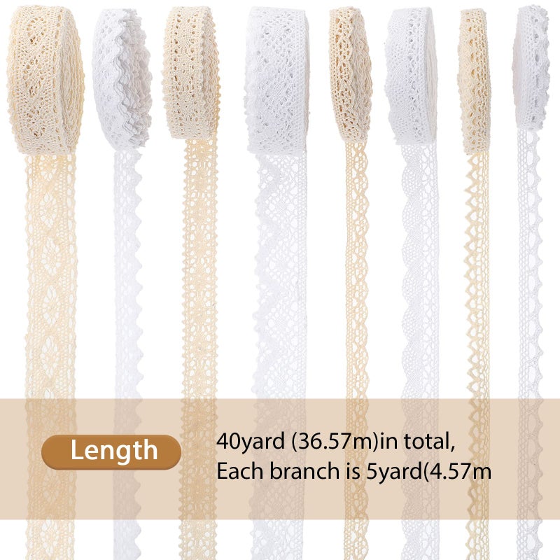 Tatuo 40 Yards Cotton Lace Trim Vintage Ribbon Crochet Cotton Lace Scalloped Edge for Bridal Wedding Decoration Christmas Package DIY Sewing Craft Supply, 5 Yards Each, 8 Styles(Mixed Color) - Image 4