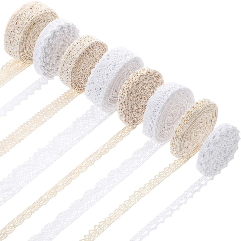 Tatuo 40 Yards Cotton Lace Trim Vintage Ribbon Crochet Cotton Lace Scalloped Edge for Bridal Wedding Decoration Christmas Package DIY Sewing Craft Supply, 5 Yards Each, 8 Styles(Mixed Color) - Image 1