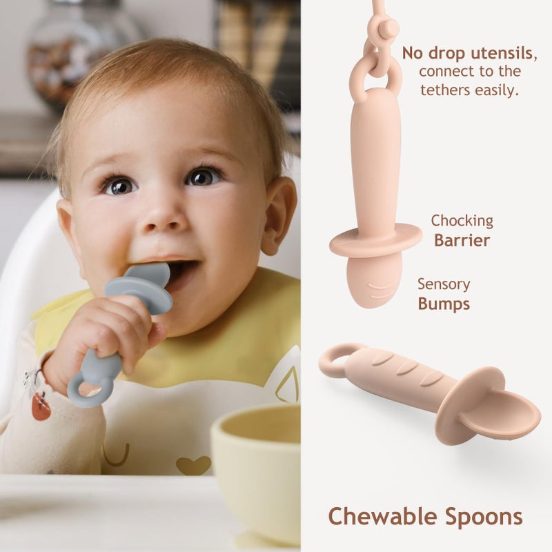 Andy Bear Silicone Plates for Babies with Suction Divided Baby Spoons Silicone Baby Toy Straps All-in-one Plates Silicone Placemat for Babies Toddlers Attachable Tethers & Built-in Suction Cups-Sage - Image 4