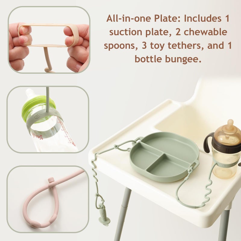 Andy Bear Silicone Plates for Babies with Suction Divided Baby Spoons Silicone Baby Toy Straps All-in-one Plates Silicone Placemat for Babies Toddlers Attachable Tethers & Built-in Suction Cups-Sage - Image 5
