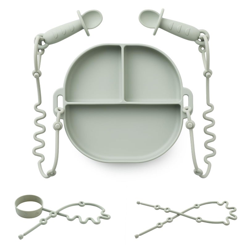 Andy Bear Silicone Plates for Babies with Suction Divided Baby Spoons Silicone Baby Toy Straps All-in-one Plates Silicone Placemat for Babies Toddlers Attachable Tethers & Built-in Suction Cups-Sage - Image 1