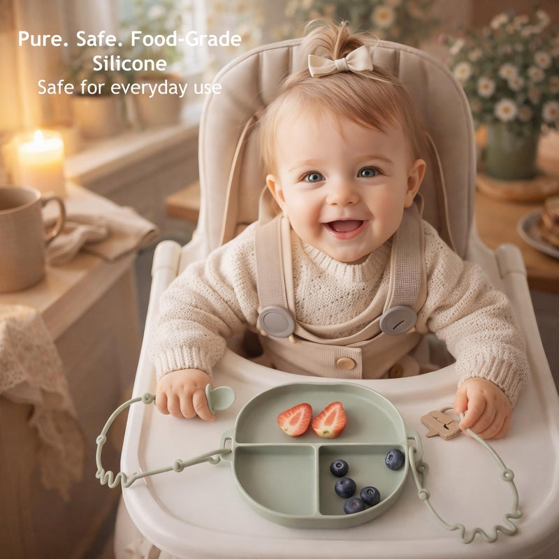 Andy Bear Silicone Plates for Babies with Suction Divided Baby Spoons Silicone Baby Toy Straps All-in-one Plates Silicone Placemat for Babies Toddlers Attachable Tethers & Built-in Suction Cups-Sage - Image 2