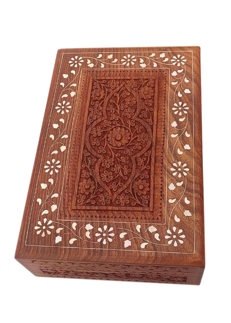 Woodiva Handmade Sheesham Wooden Storage Box Hand Carved Jewelry Box & Decorative Gift Box (12X 8 X 3.5) Inches Brown (White Inlay carving) - Image 5