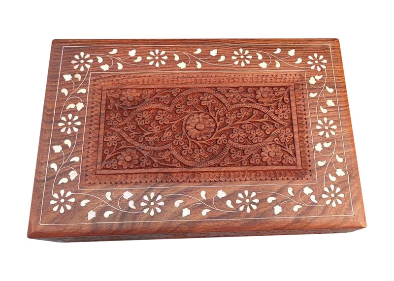 Woodiva Handmade Sheesham Wooden Storage Box Hand Carved Jewelry Box & Decorative Gift Box (12X 8 X 3.5) Inches Brown (White Inlay carving) - Image 2