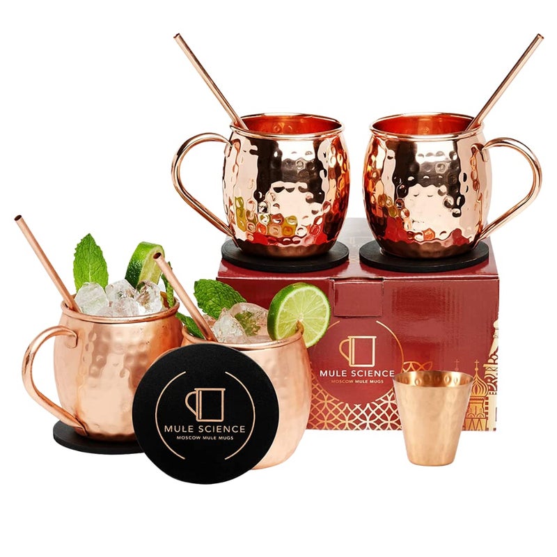 Advanced Mixology [Gift Set] Mule Science Moscow Mule Mugs Set of 4 (19 oz. large size) | 100% Handcrafted | Food Safe | Copper Mugs w/Accessories | Tarnish Resistant Copper Cups - Image 1