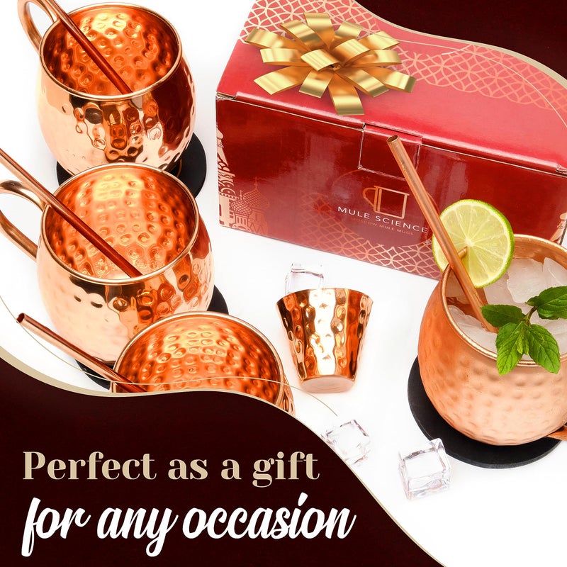 Advanced Mixology [Gift Set] Mule Science Moscow Mule Mugs Set of 4 (19 oz. large size) | 100% Handcrafted | Food Safe | Copper Mugs w/Accessories | Tarnish Resistant Copper Cups - Image 2