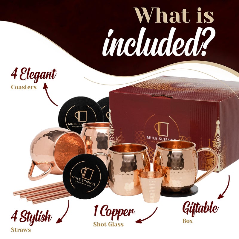 Advanced Mixology [Gift Set] Mule Science Moscow Mule Mugs Set of 4 (19 oz. large size) | 100% Handcrafted | Food Safe | Copper Mugs w/Accessories | Tarnish Resistant Copper Cups - Image 3
