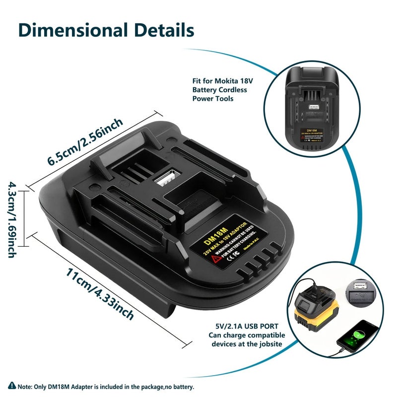 محول بطارية DM18M أسود متوافق مع بطاريات 20 فولت و18 فولت ليثيوم أيون مع منفذ شحن سريع USB (المحول فقط) - Image 3