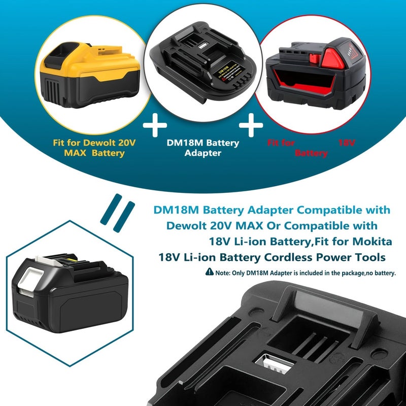 محول بطارية DM18M أسود متوافق مع بطاريات 20 فولت و18 فولت ليثيوم أيون مع منفذ شحن سريع USB (المحول فقط) - Image 2