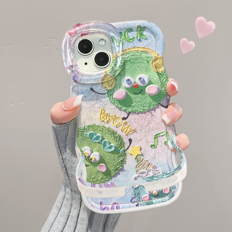 Cute Cartoon Oil Painting Pom-Pom Silicone Phone Case with Invisible Stand - Image 1
