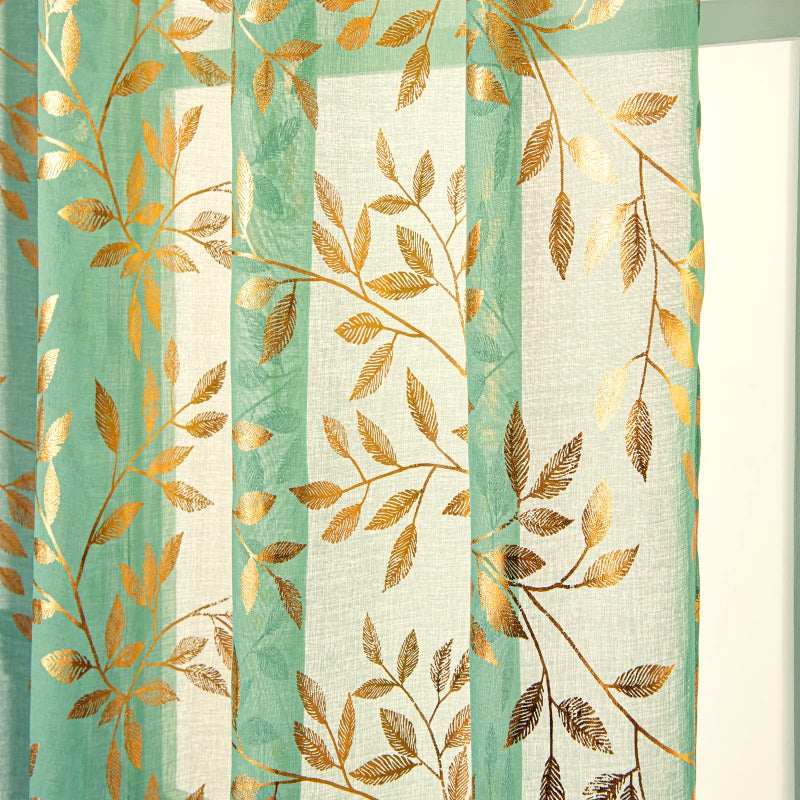 Deeprove Christmas Sheer Curtains 84 Inches Long 2 Panels Set  Gold Foil Print Metallic Vine Leaves Window Treatments for Bedroom  Xmas Decor Privacy Drapes Pair  Rod Pocket  52"" W x 84"" L  Green - Image 3