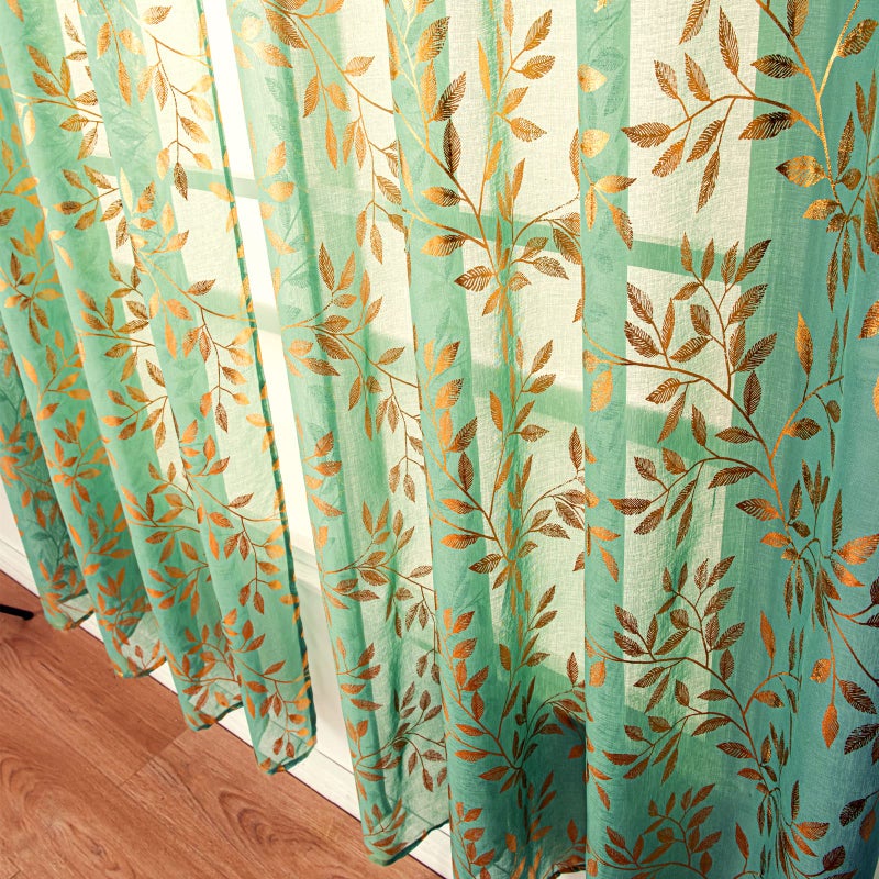 Deeprove Christmas Sheer Curtains 84 Inches Long 2 Panels Set  Gold Foil Print Metallic Vine Leaves Window Treatments for Bedroom  Xmas Decor Privacy Drapes Pair  Rod Pocket  52"" W x 84"" L  Green - Image 5