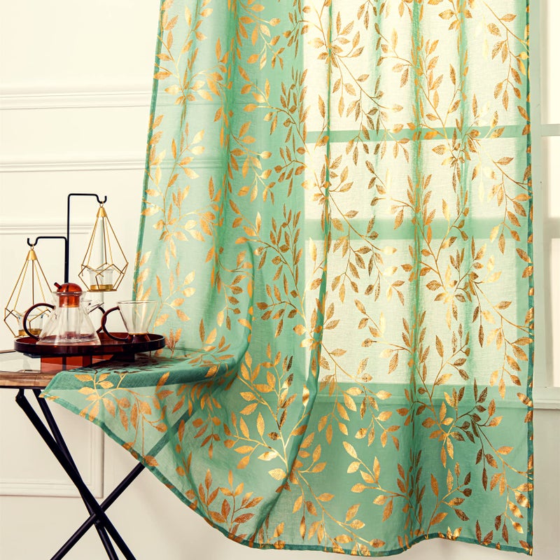 Deeprove Christmas Sheer Curtains 84 Inches Long 2 Panels Set  Gold Foil Print Metallic Vine Leaves Window Treatments for Bedroom  Xmas Decor Privacy Drapes Pair  Rod Pocket  52"" W x 84"" L  Green - Image 2