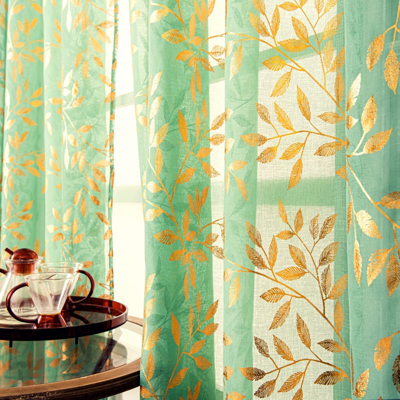 Deeprove Christmas Sheer Curtains 84 Inches Long 2 Panels Set  Gold Foil Print Metallic Vine Leaves Window Treatments for Bedroom  Xmas Decor Privacy Drapes Pair  Rod Pocket  52"" W x 84"" L  Green - Image 1