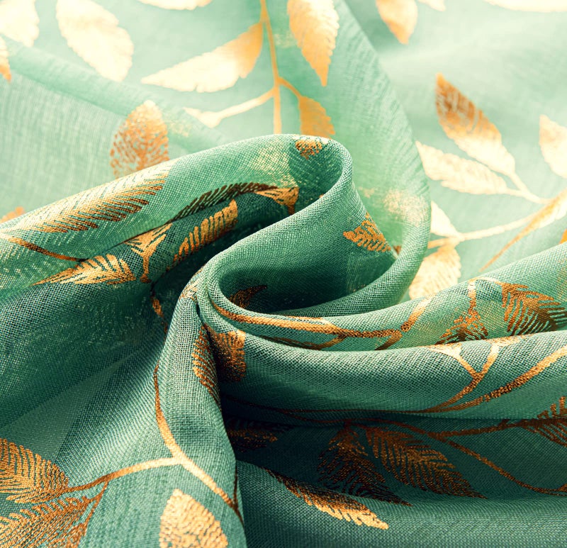 Deeprove Christmas Sheer Curtains 84 Inches Long 2 Panels Set  Gold Foil Print Metallic Vine Leaves Window Treatments for Bedroom  Xmas Decor Privacy Drapes Pair  Rod Pocket  52"" W x 84"" L  Green - Image 4