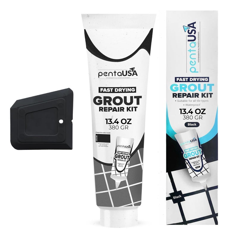 PENTAUSA Tile Grout - 13.4 oz Black Grout Filler Repairs Renews Tube, Fast Drying Grout Repair Kit, Odorless Formula - Grout Floater Included (Black 13.4oz / 380gr) - Image 1