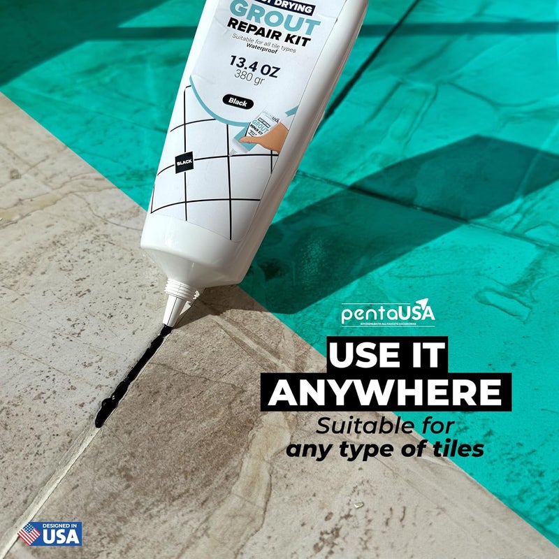 PENTAUSA Tile Grout - 13.4 oz Black Grout Filler Repairs Renews Tube, Fast Drying Grout Repair Kit, Odorless Formula - Grout Floater Included (Black 13.4oz / 380gr) - Image 4